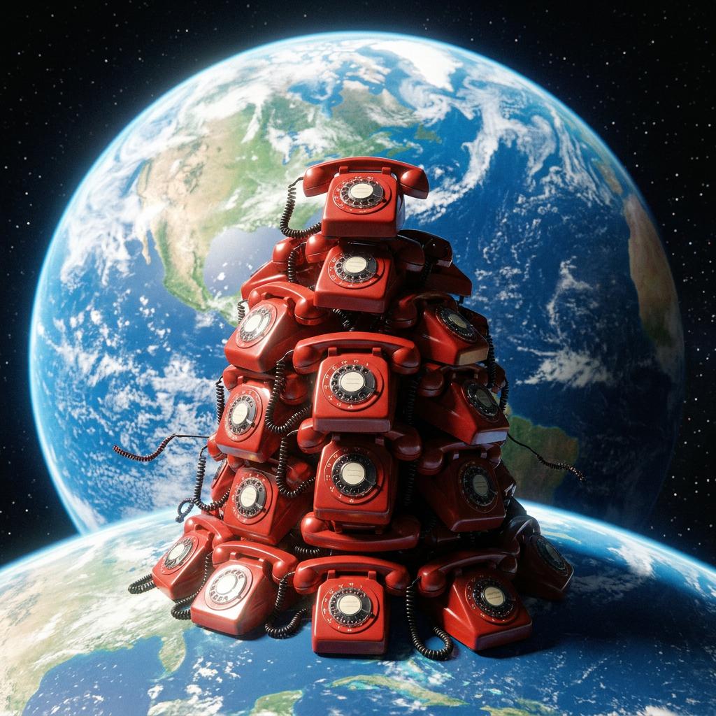 Stack of red rotary telephones piled on Earth with space background