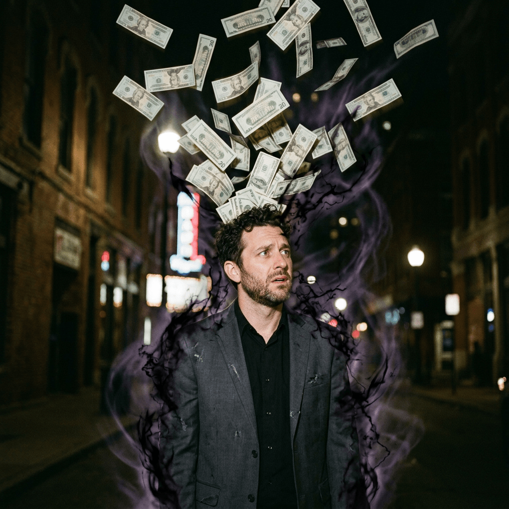 Man in gray suit with worried expression and floating money above his head