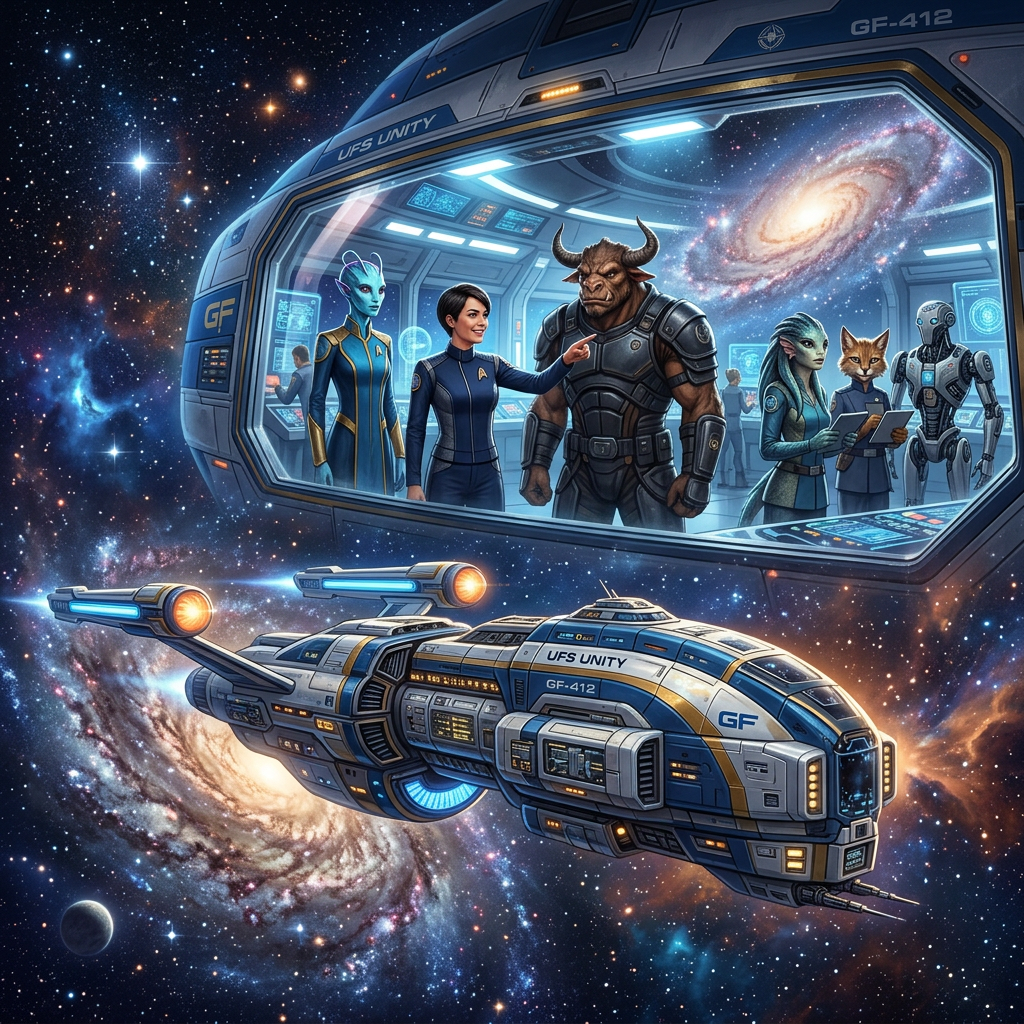 Spaceship bridge with human and alien crew members interacting in space