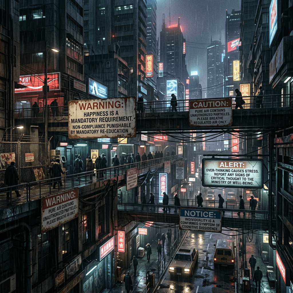Crowded city street with dystopian warning signs about happiness, air quality, stress, and individuality