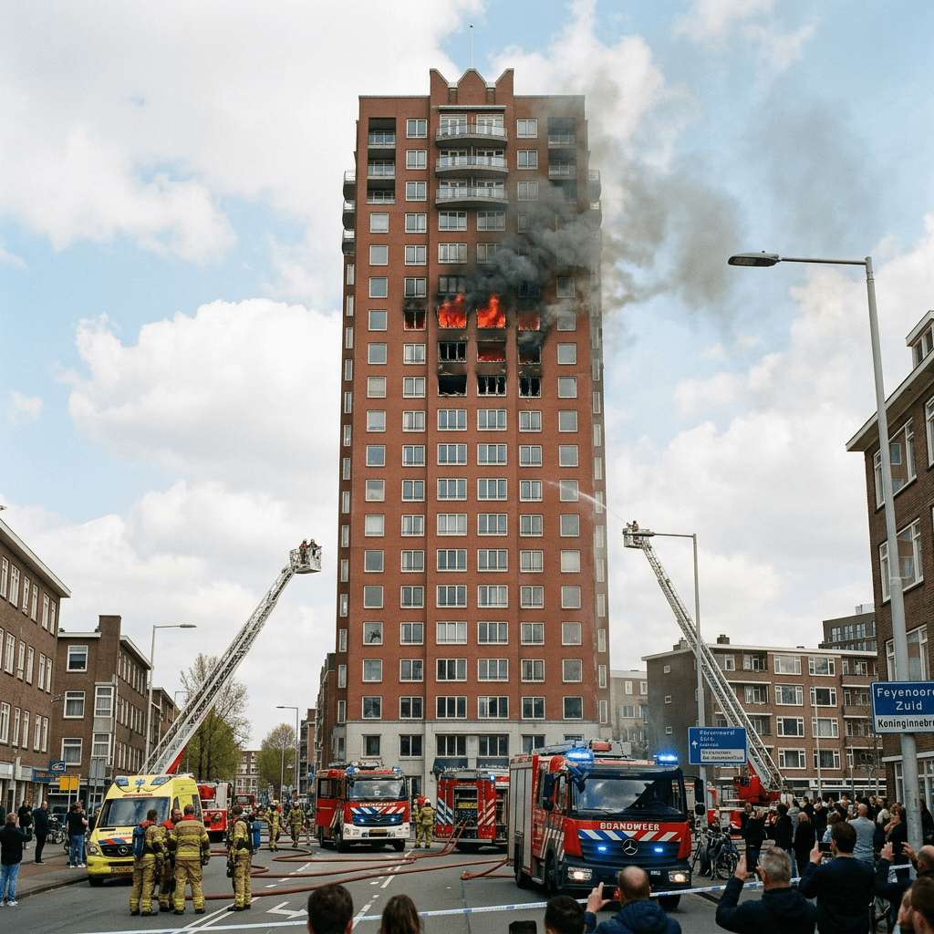 Firefighters using ladders and fire trucks to extinguish fire on upper floors of a high-rise building