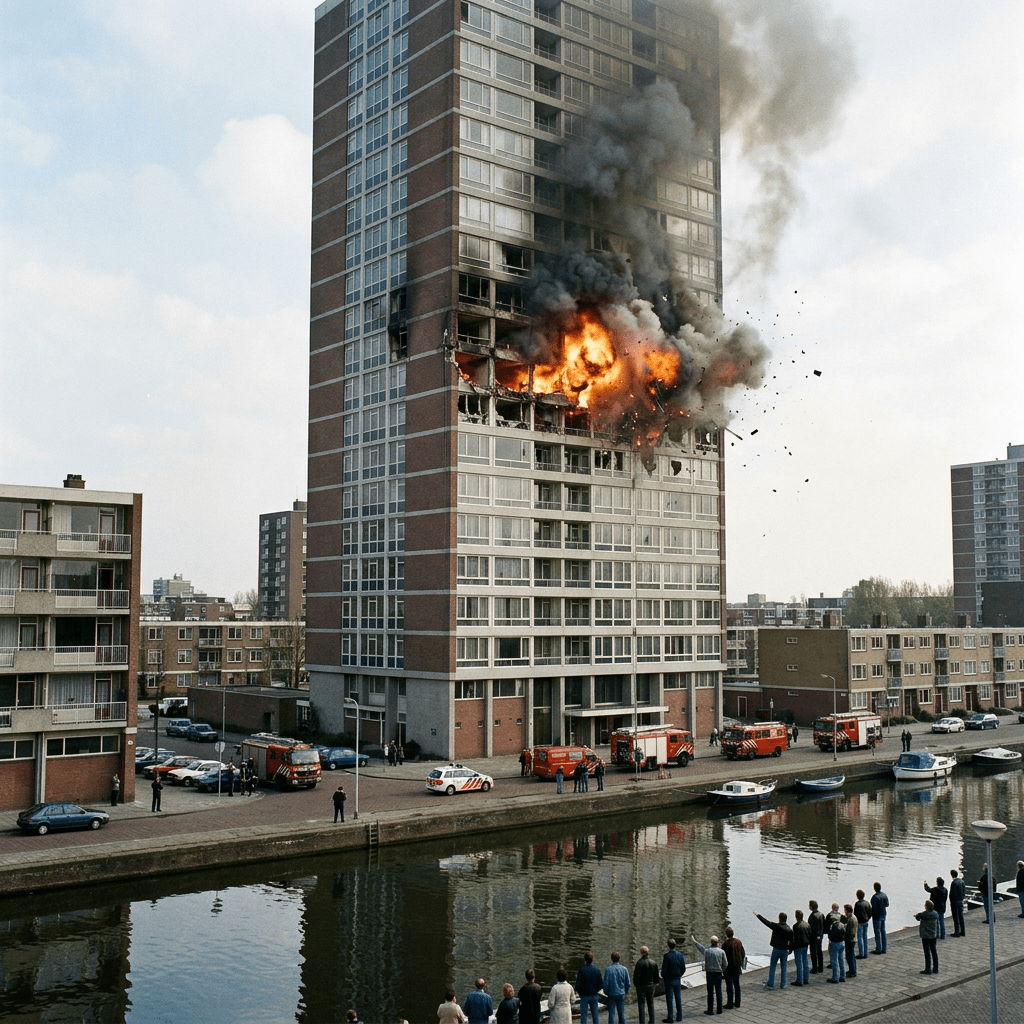 Explosion with fire and smoke in a high-rise building with emergency vehicles and onlookers below