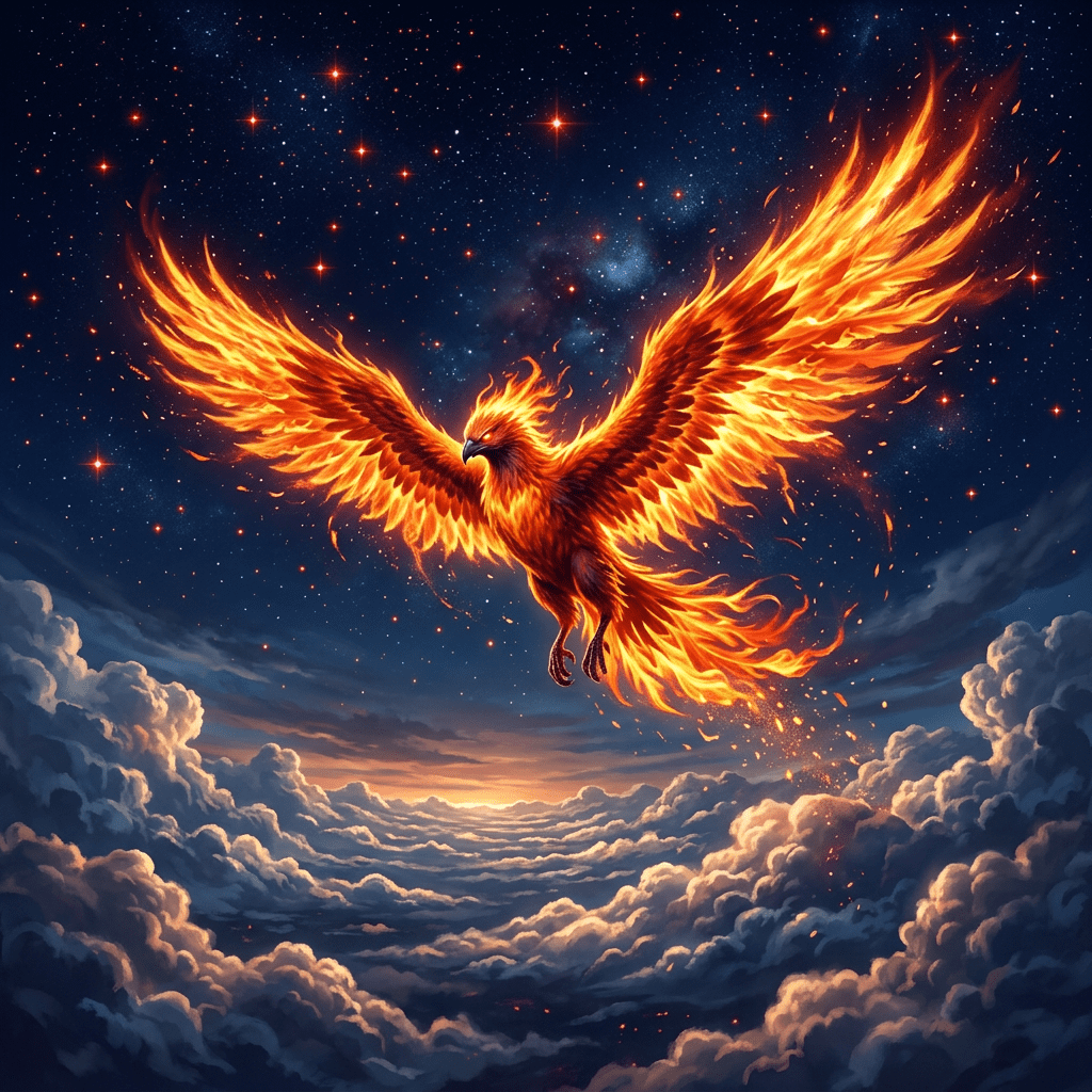 Phoenix with fire wings above clouds red stars