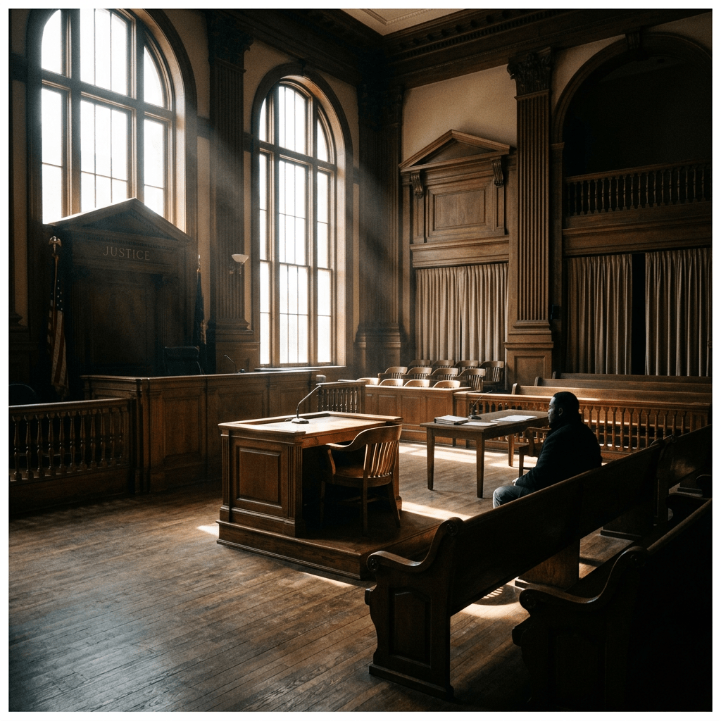 Empty historic courtroom with wooden benches, judge's bench, and a person sitting alone