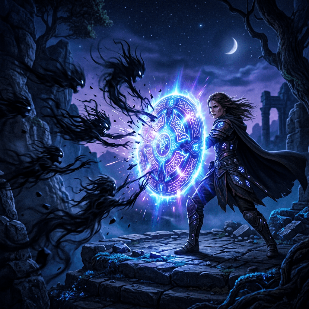 Glowing shield deflecting shadowy shapes, blue violet tones