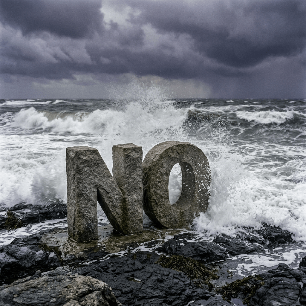 Stone letters N and O on rocky shore with ocean waves splashing against them