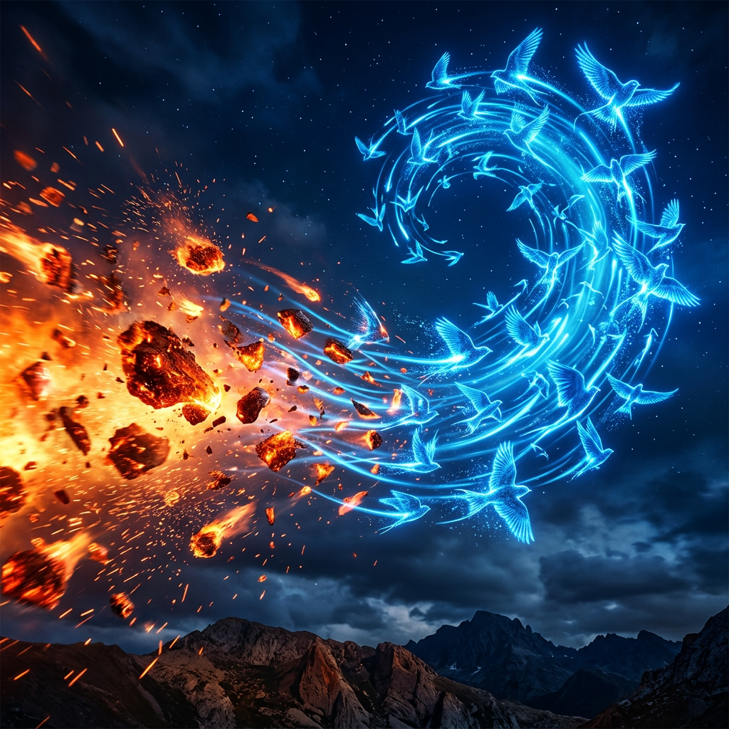 Fiery meteors exploding and glowing blue birds swirling in the night sky above mountains.