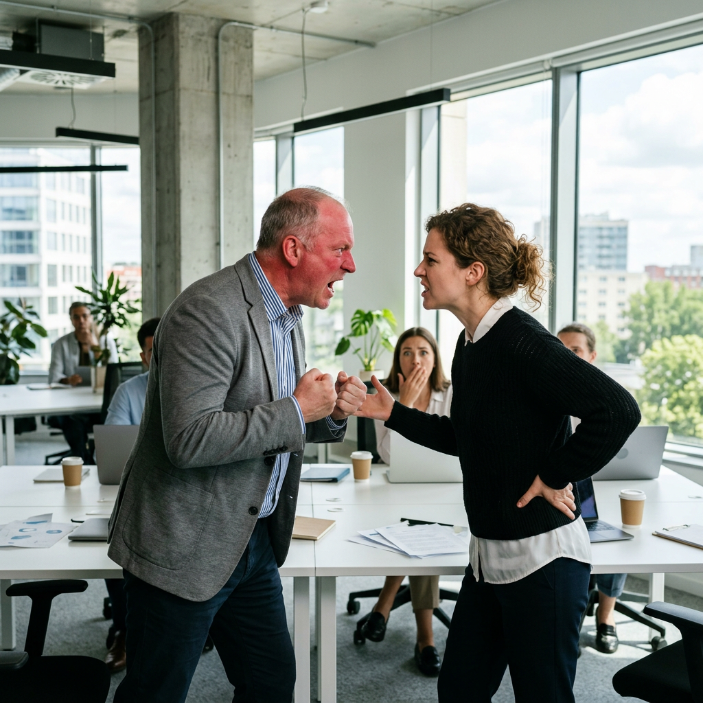 Two colleagues angrily confronting each other in an office with coworkers observing.