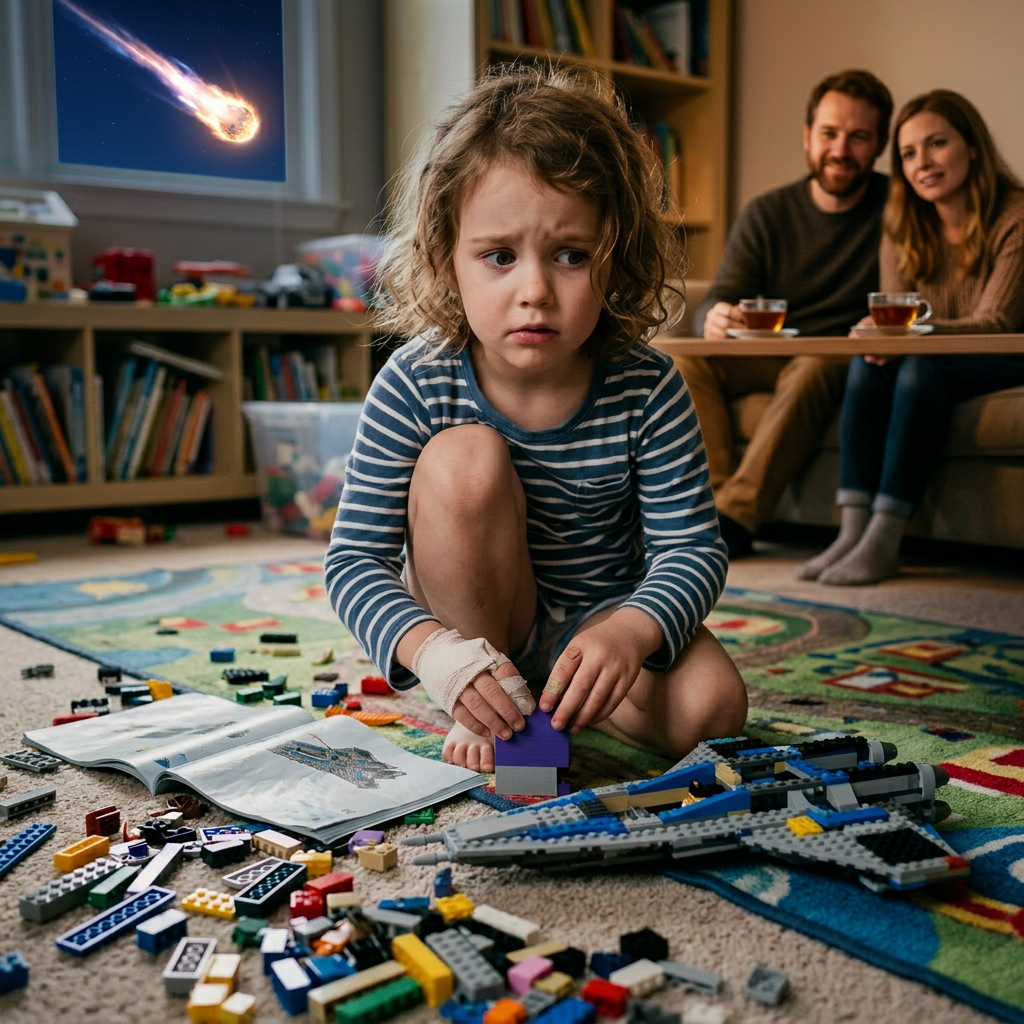 Young child sitting on a colorful rug surrounded by scattered building blocks and an open instruction booklet