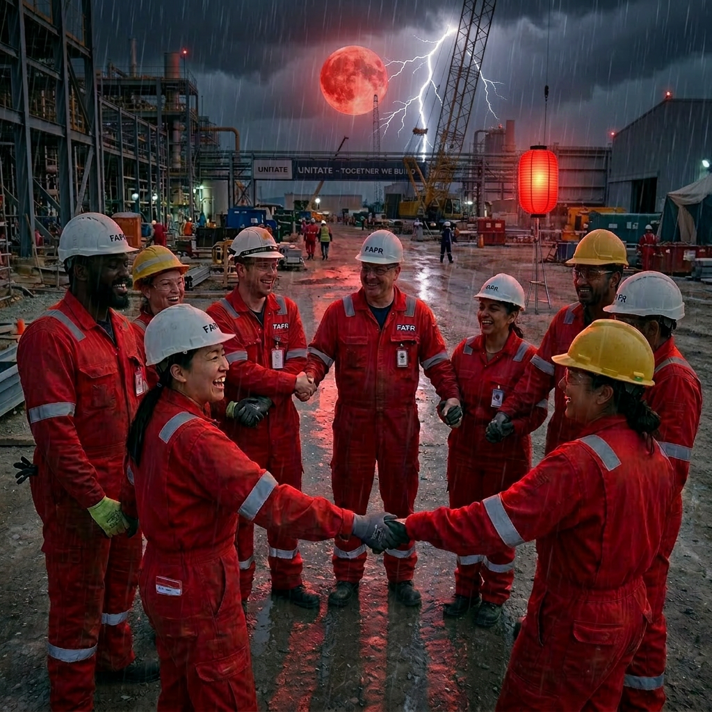 Team unity at industrial construction site Construction workers in red uniforms and safety helmets shaking hands and smiling at an industrial construction site