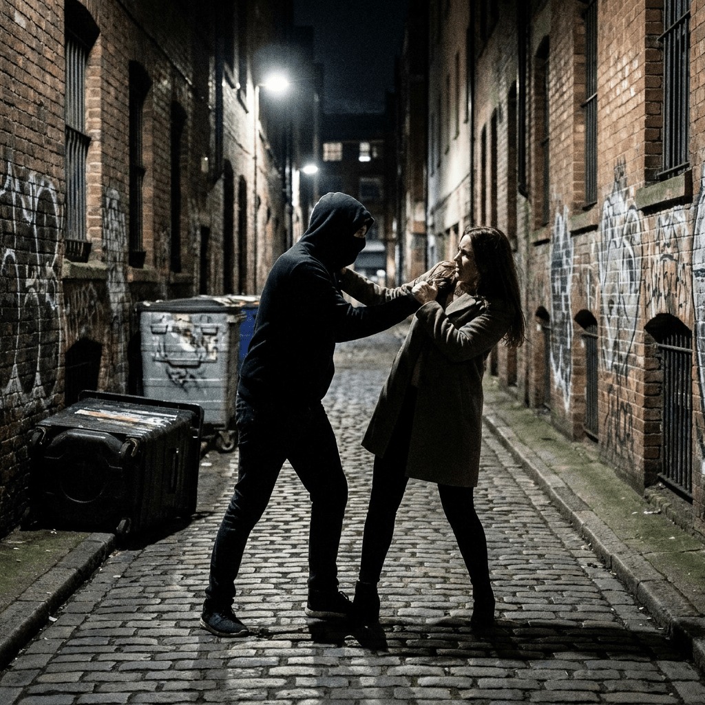 Faceless man attacking woman in dark alley