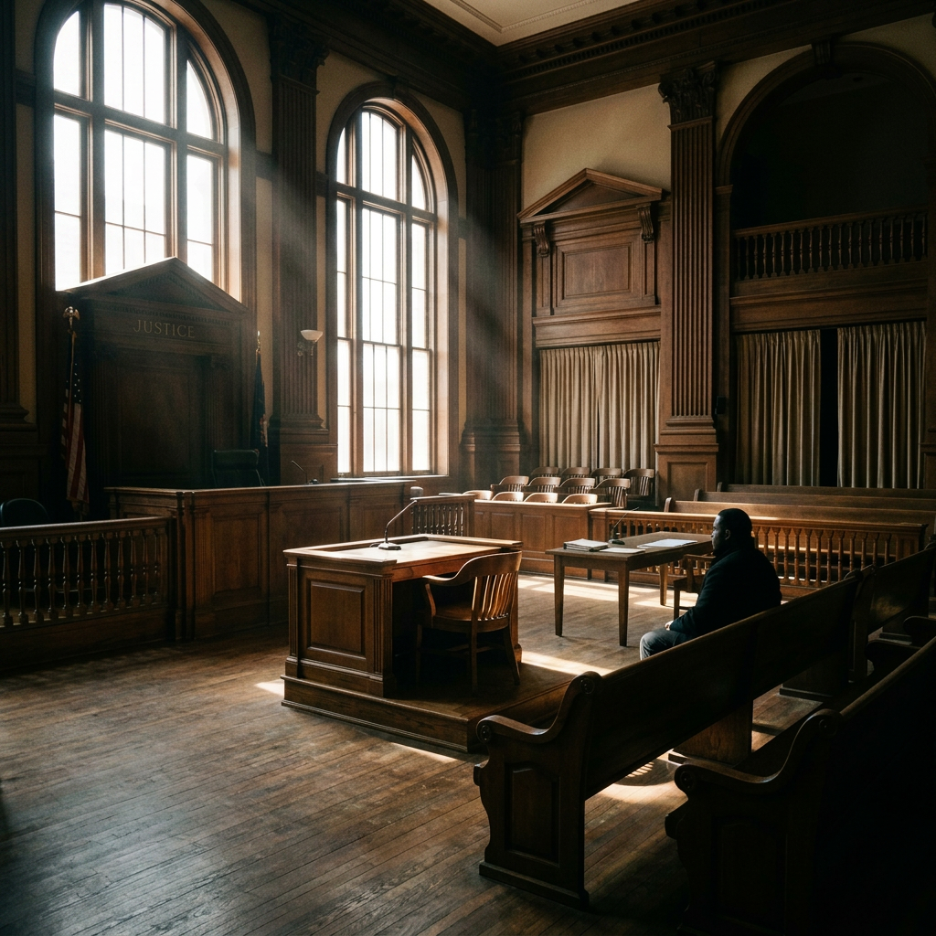 Historic courtroom with solitary person Empty historic courtroom with wooden benches, judge's bench, and a person sitting alone