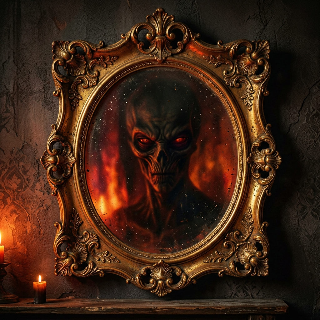 Demonic figure with red eyes reflected in an antique ornate mirror with fire glow