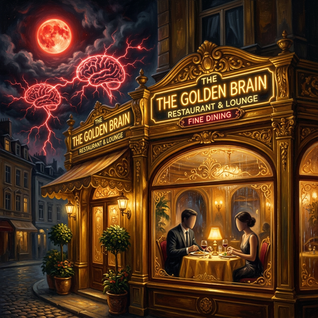 Couple having dinner in ornate Golden Brain restaurant with glowing brain shapes and red moon in sky