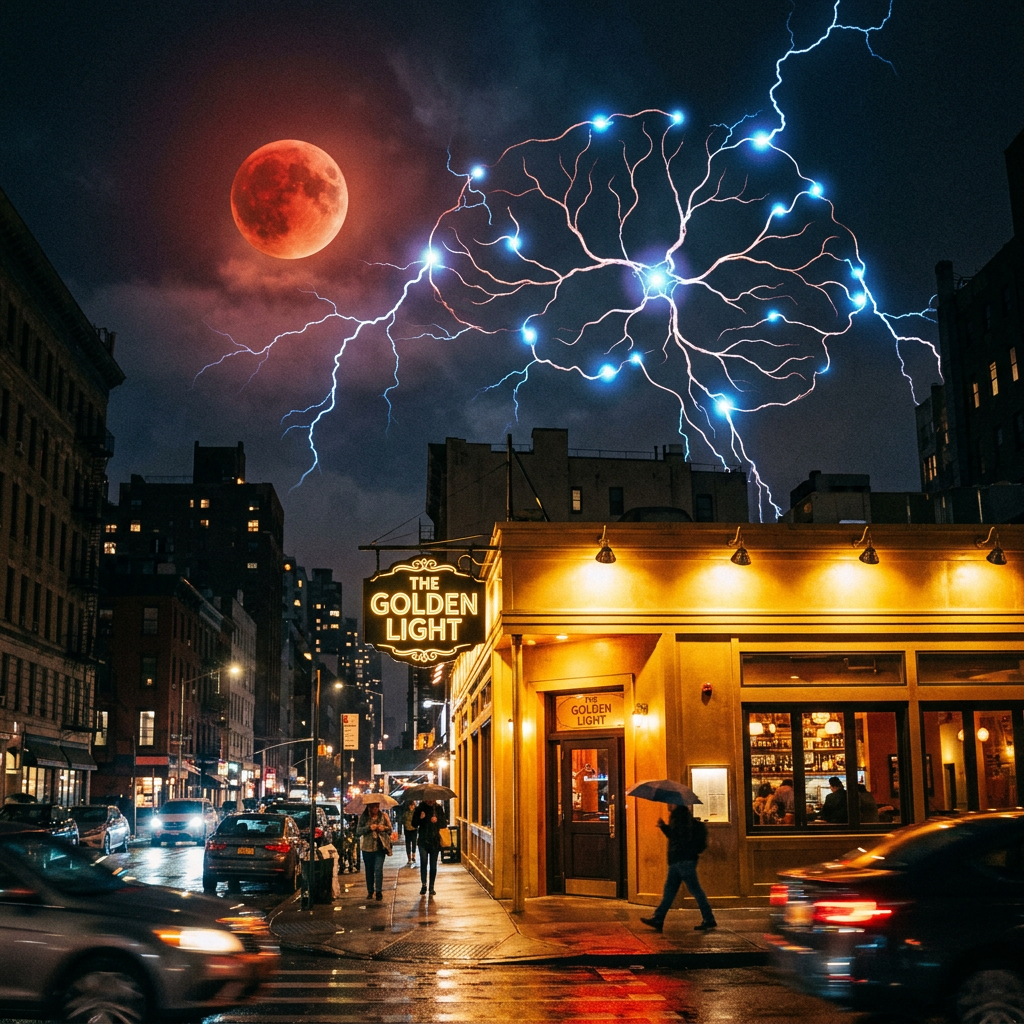 Night city street with pedestrians holding umbrellas, illuminated building called The Golden Light, blood moon, and brain-shaped lightning