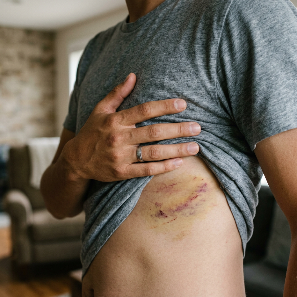 Healing bruise with purple and yellow discoloration on person's torso.