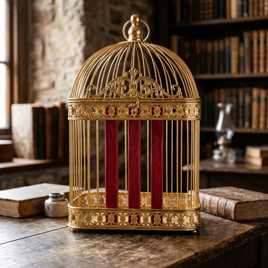 Ornate gold birdcage with red velvet bars on a rustic wooden table