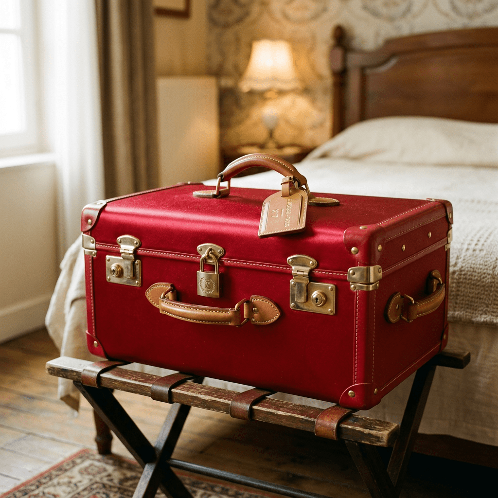 Red vintage suitcase with leather handles and brass locks on wooden luggage rack