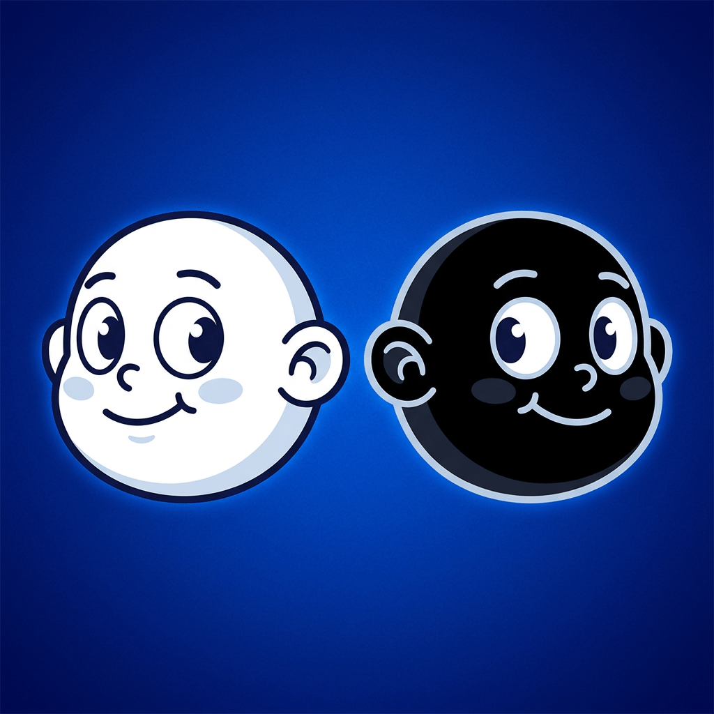 Two smiling cartoon faces, one white and one black, on a blue background